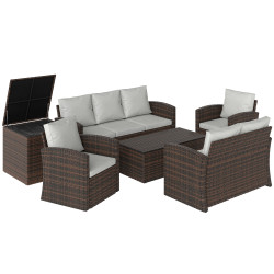 Conjunto de jardim exterior de vime 6 peças almofadas sofá duplo sofá de 3 lugares 2 poltronas 2 mesas auxiliares bege
