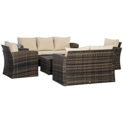 Conjunto de jardim exterior de vime 6 peças almofadas sofá de dois lugares sofá de três lugares 2 cadeiras 2 mesas auxiliares caqui