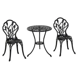 Conjunto de mesa e cadeiras de exterior 3 peças de alumínio com encosto com padrão de tulipa e mesa com orifício para chapéu de sol preto