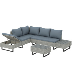 Conjunto de jardim em vime PE de 3 peças com encosto ajustável sofá de 3 lugares sofá de 2 lugares e mesa cinzento