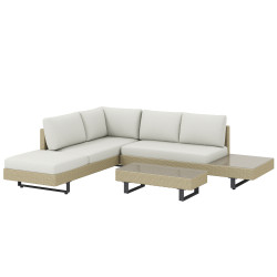 Conjunto de jardim em vime de 3 peças com sofá modular de 3 e 2 lugares mesa lateral e mesa de centro bege