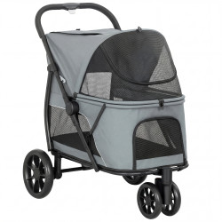 Carrinho para cães dobrável com 3 rodas janelas de rede almofada lavável todo-o-terreno carga 20 kg 92x63x95 cm cinzento