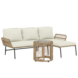 Conjunto de móveis de jardim exterior em ratã com sofá de 2 lugares chaise longue almofadas e mesa creme