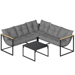 Conjunto de jardim exterior com almofadas espessas, 2 sofás de 2 lugares, sofá de canto e mesa de centro com vidro, cinzento