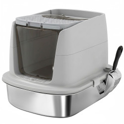 Caixa de areia para gatos em aço inoxidável l com tampa removível e pá inox, cinzento claro