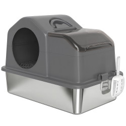 Caixa de areia fechada para gatos com bandeja em aço inoxidável, tampa superior e entrada frontal, cinzento escuro