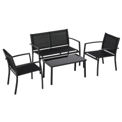 Conjunto de móveis de jardim conjunto de 4 peças com 2 poltronas 1 sofá de 2 lugares e mesa de centro com tampo de vidro preto