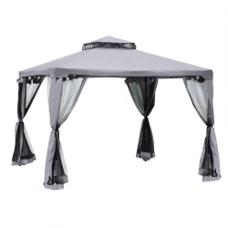 Pérgola de jardim 294x294x265cm com duplo teto de ventilação 8 orifícios de drenagem e 4 telas mosquiteiras cinza