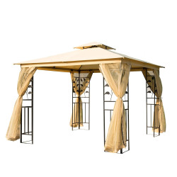 Pérgola de jardim pérgola de exterior com teto duplo mosquiteira e orifícios de drenagem 300x300x265 cm bege
