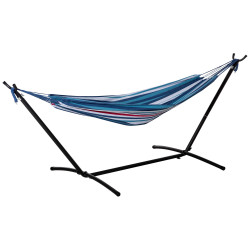 Cama rede com suporte 310x117 cm com bolsa de transporte altura ajustável capacidade 120 kg para campismo azul e branco