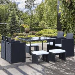 Conjunto de Móveis de Vime PE para Jardim Conjunto de 9 peças Mesa Cadeiras e Bancos com Almofadas para Exterior Preto - Imagen 