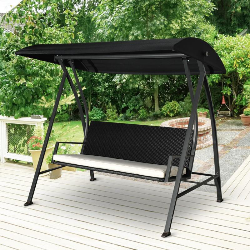 Balanço de jardim tipo cadeira de balanço de rattan com 3 assentos para jardim e terraço com toldo ajustável e almofada - 198x12